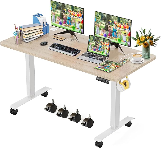 Standing Desk Adjustable Height, 48'' x 24'' Electric Sit Stand Desk for Home Office, Modern Rising Sturdy Ergonomic Workstation with Hooks and Wheels, Oak Grey
