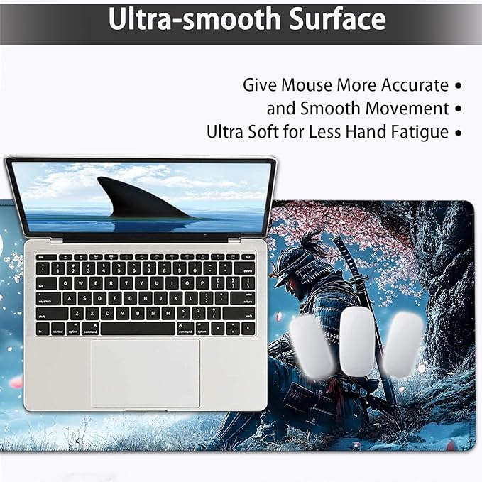 Large Mouse pad and Keyboard Support Set, Ergonomic Memory Foam Keyboard Wrist Rest, Extended Gaming Mouse Pad with Stitched Edges, Samurai and Moon XXL Desk Mat (31.5 X 11.8 in)