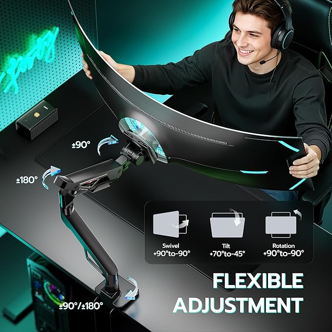 ARES WING Premium Monitor Arm, Ultrawide Monitor Stand up to 57“ and 66 Lbs, Gas Sprinq Monitor Mount with USB, Height Adjustable Arms Monitor Stand, Various VESA Mount with Clamp/Grommet Base