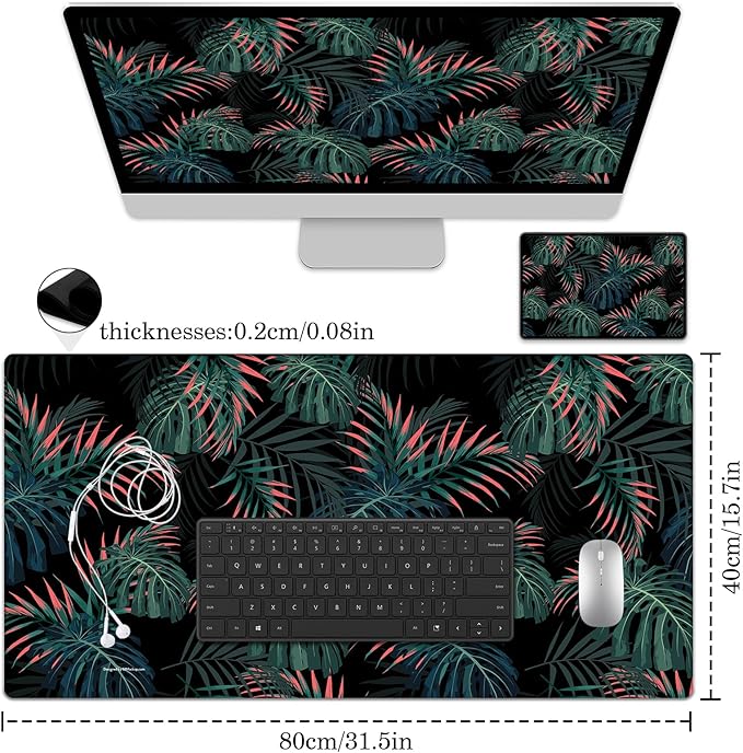 Gaming Flowers Plants Background Pattern Desk Mat Black Background Large Extended XXL Non-Slip Laptop Computer Mouse Pad (31.5" x 15.7")