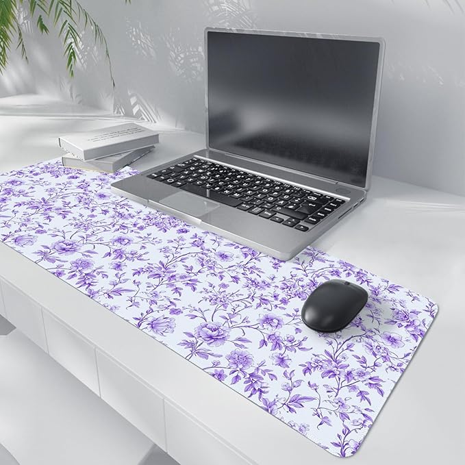 Purple Chinoiserie Mouse Pad,Vintage Purple and White Floral Desk Mat,XL Large Vintage Flowers Preppy Mouse Pad,Girly Laptop Desk Mat for Dorm Home Office,31.5x11.8 Inch