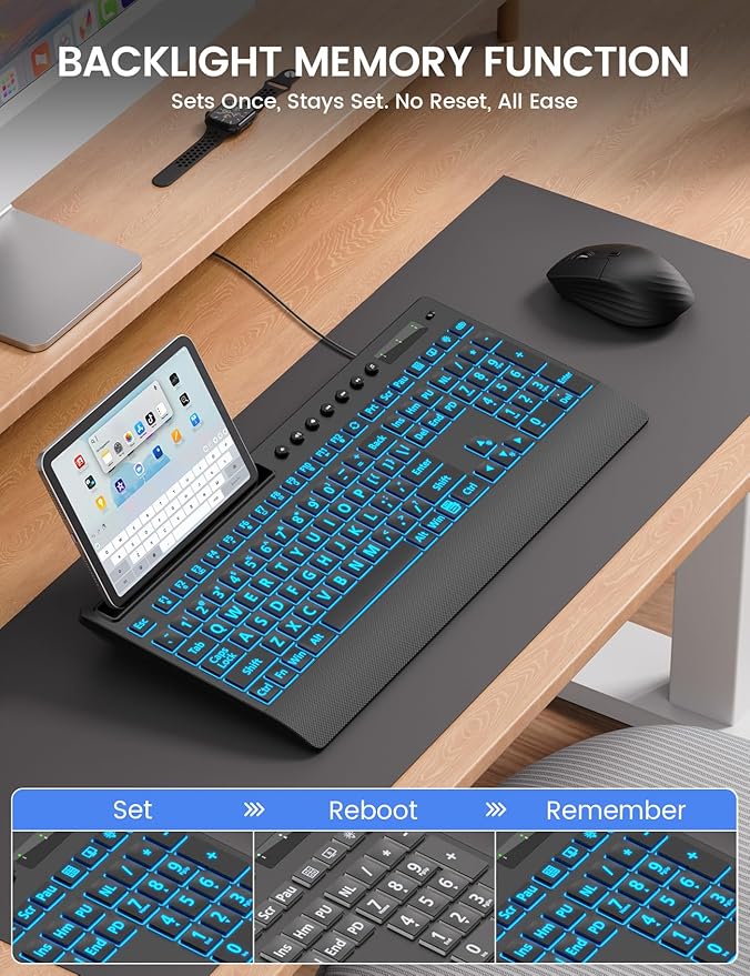 SABLUTE K31PRO Wired Keyboard with Large Print, Backlight Memory Function, Light up Computer Keyboards with Phone Holder & Wrist Rest, Quiet Keyboards for PC Laptop