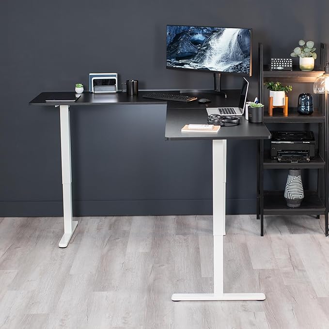 VIVO Corner Standing Desk, 75 x 63 inch Reversible L-Shaped Workstation, Electric Height Adjustment, Home, Office, and Reception Rooms, Black Table Top White Frame, DESK-E3CTWB-75