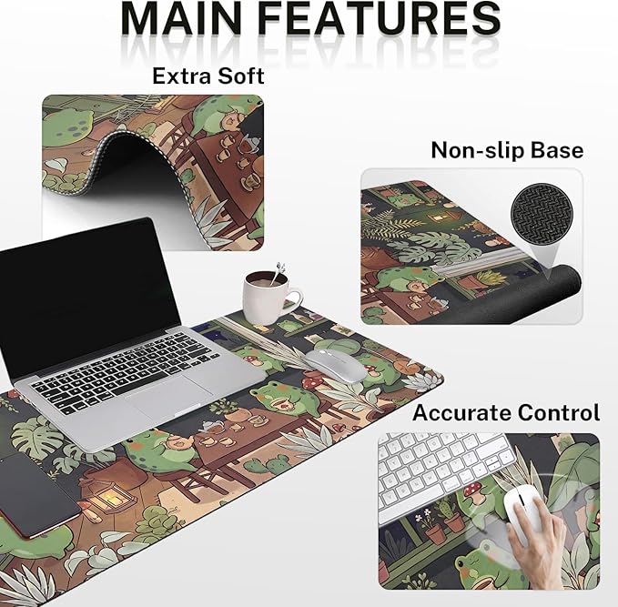 Arttown Cute Frog Desk Mat Plant Cartoon Mouse Pad Set 4 in 1 Ergonomic Design Large Mouse Pad + Keyboard Wrist Rest + Mouse Wrist Rest + Coaster Suitable for Home Office Study Game
