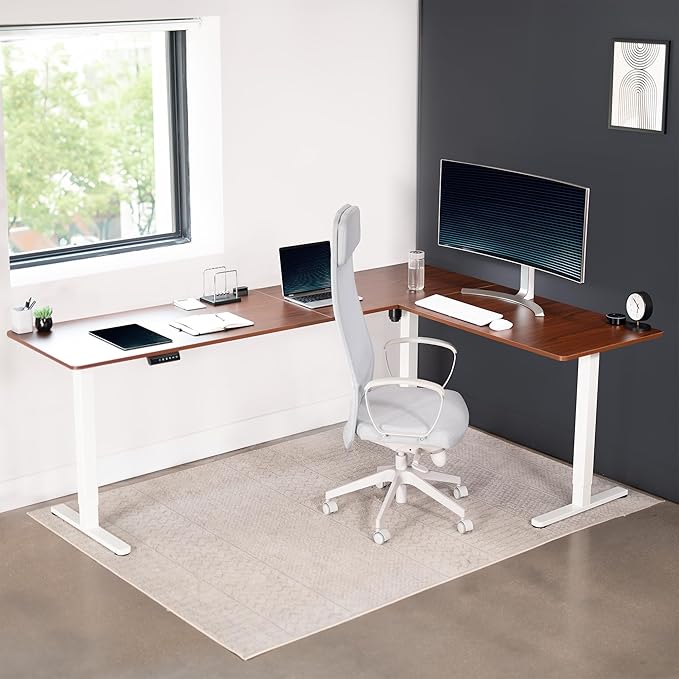 VIVO Corner Standing Desk, 84 x 63 inch Reversible L-Shaped Workstation, Electric Height Adjustment, Home, Office, and Reception Rooms, Dark Walnut Table Top White Frame, DESK-E3CTWD-84