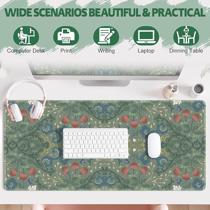 Desk Mat for Keyboard and Mouse, Large Mouse Pad Non-Slip Keyboard Pad, Computer Mats for Desktop, Cute Desk Pad with Stitched Edges for Office, Gaming I Sage Green Botanical