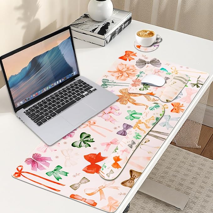 MEGREZ 4-in-1 Ergonomic Memory Foam Wrist Rest Set, Desk Pad, Mouse Pad with Wrist Rest, Keyboard Pad, Suitable for Office Workers, Programmers & Gamers–Relieve Typing & Gaming Fatigue, White Bow