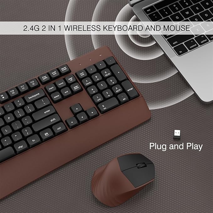 Wireless Keyboard and Mouse Combo, Full-Sized 104 Keys 2.4GHz Wireless Keyboard with Palm Rest and Wireless Mouse for Windows, Mac OS PC/Computer/Laptops/Desktops(Coffee)