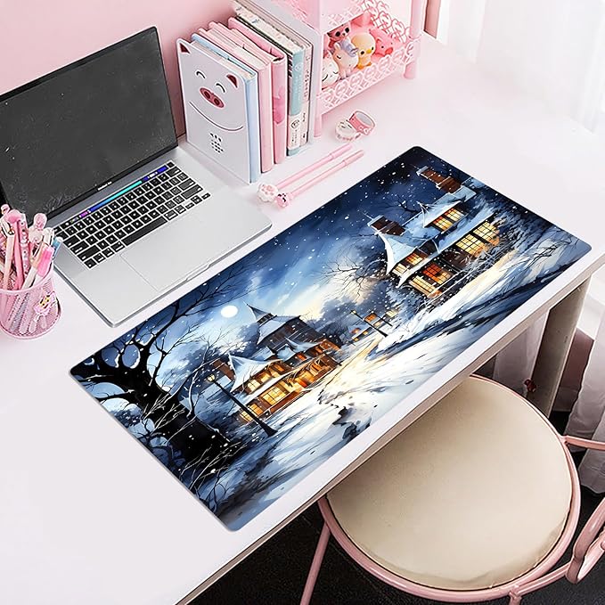 HVEST Winter Mouse Pad for Desk, Winter Snow Scene Desk Mat XL,Large Keyboard and Mouse Pad with Non-Slip Rubber Base and Stitched Edge for Game, Office, Home 31.5'' x 15.7''