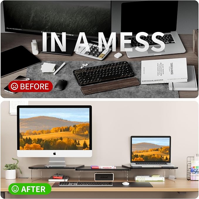 LED Dual Monitor Stand Riser for 2 Monitors,Office Desktop Wooden Stand Adjustable Length and Angle 3 Shelf,Extra Long Multifunctional Stand up to 39.3" for Computer,Laptop,TV,Black