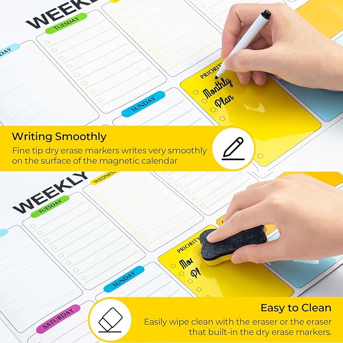 4 Pack Dry Erase Calendar for Fridge, 16.5 x 12 Monthly & Weekly & Daily Chore Chart, Planning Whiteboard with 10 Markers and Eraser, Use for Refrigerator Wall Door- Shopping, Meal/Menu, to Do List