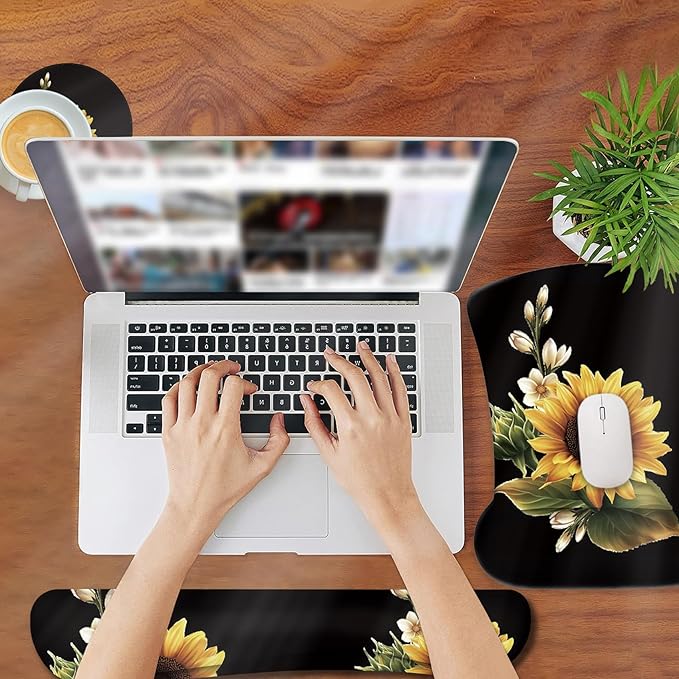 Ergonomic Mouse Pad, Mouse Wrist Rest Pad + Keyboard Wrist Rest Pad + Coaster, Made of Memory Foam, Easy to Use and Relieve Wrist Pain, Computer, Games, Office, Home - Magnolia Flower Sunflowe