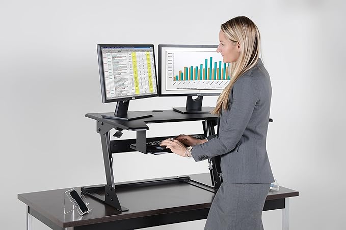 Kantek Standing Desk Converter, Adjustable Upto 20", Extra Wide Platform, Fits Dual Monitors, Sit to Stand Home Office Workstation, Grommet Hole, EZ Lift, Black