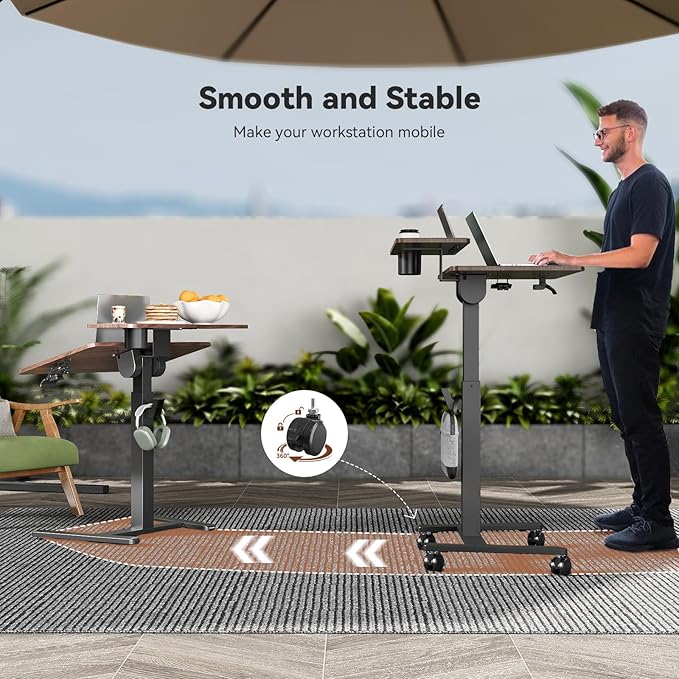28 inch Mobile Standing Desk On Wheels， Small Computer Workstation Adjustable Height，Rolling Laptop Stand with Tiltable Desktop， 2-Tier Portable Study Table with Storage Shelf， Walnut