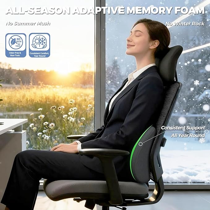 Lumbar Support Pillow for Office Chair and Car with All-Season Adaptive Memory Foam, Ergonomic Back Support for Lower Back Pain Relief, Stay-Put Stain-Proof Silicone Grip (Black)