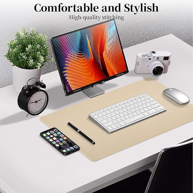 Beige Leather Desk Mat Large Mouse Pad, Waterproof Desk Pad for Keyboard and Mouse, Non-Slip Computer Desk Protector, Smooth Mouse Movement Desk Mat for Home and Office(23.6"×13.8")