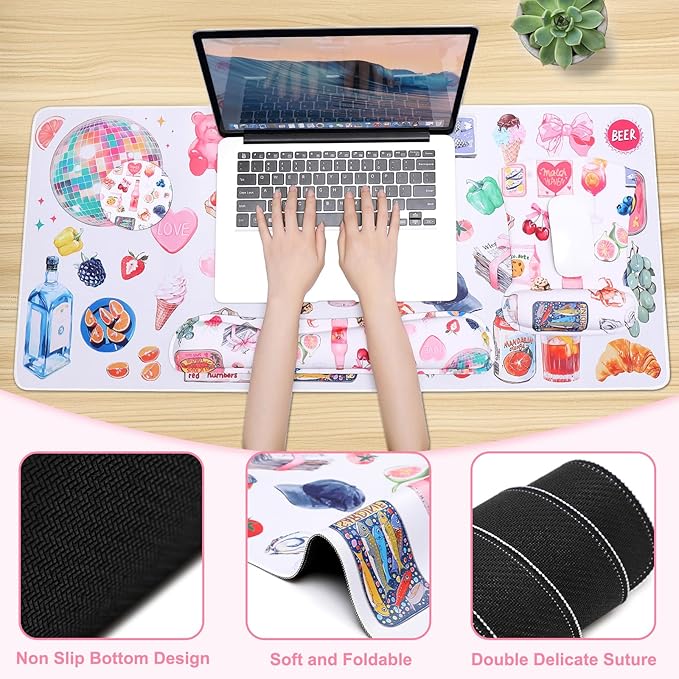 MEGREZ 4-in-1 Ergonomic Memory Foam Wrist Rest Set, Desk Pad, Mouse Pad with Wrist Rest, Keyboard Pad, Suitable for Office Workers, Programmers & Gamers–Relieve Typing & Gaming Fatigue, Off White