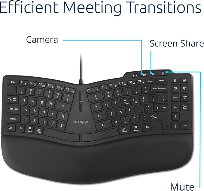 Kensington Pro Fit Ergo KB675 EQ TKL Wired Keyboard, USB-A Connection, Ergonomic Curved Design, Programmable Keys (K75497NA)