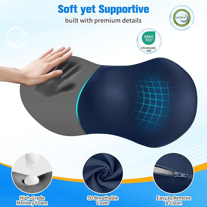 Lumbar Support Pillow for Office Chair - Memory Foam Lumbar Pillow with Detachable Strap & Breathable Cover, Ergonomic Back Support for Office Chair, Car Seat Cushion, Bed Rest (Blue)