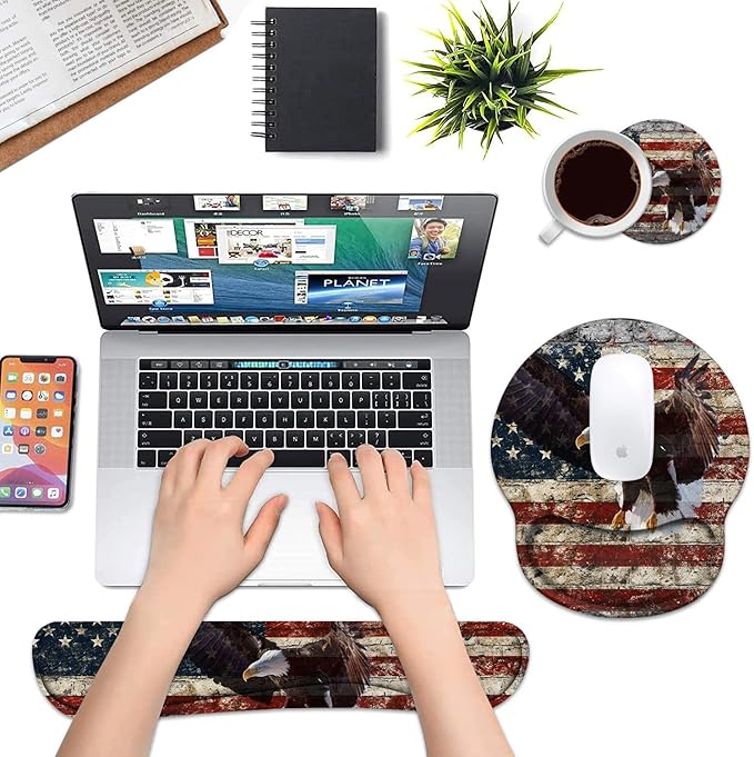 Keyboard Wrist Rest and Mouse Pad Wrist Support Set with Coasters, Non-Slip PU Base, Easy Typing and Relieve Wrist Pain, Perfect for Home Office Working Studying, Military Wall Graffiti USA Flag Eagle