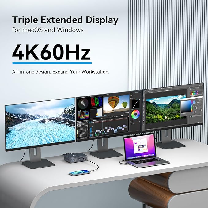 Thunderbolt Docking Station 4K@60Hz 3 Monitors for M1 M2 M3 M4 MacBook/Air with DisplayLink Technology,19-in-1 USB C Dock with 2 HDMI & 2 DisplayPort,PD 100W/USB 3.2 10G USB/Ethernet/Card Readers