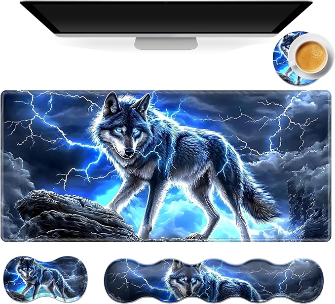 Gaming Mouse Pad Set, Majestic Blue Wolf Large Desk Mat Mousepad, Keyboard Wrist Support, Mouse Wrist Rest, Coaster 4in1 Ergonomic Memory Foam, Non-Slip Stitched Edge for Home Office