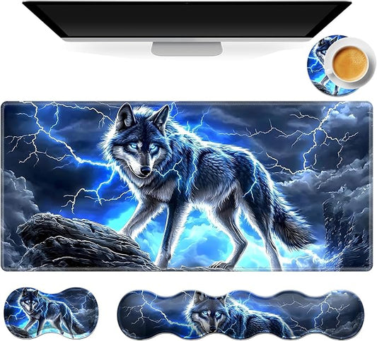 Gaming Mouse Pad Set, Majestic Blue Wolf Large Desk Mat Mousepad, Keyboard Wrist Support, Mouse Wrist Rest, Coaster 4in1 Ergonomic Memory Foam, Non-Slip Stitched Edge for Home Office