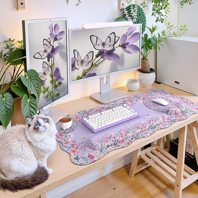 iCasso Desk Mat Set,Large Mouse Pad with Wrist Rest,Ergonomic Keyboard Wrist Support for Women,Girly Floral Computer Mat with Scalloped Edges,Non-Slip Desk Pad Home Office Gaming (Purple)