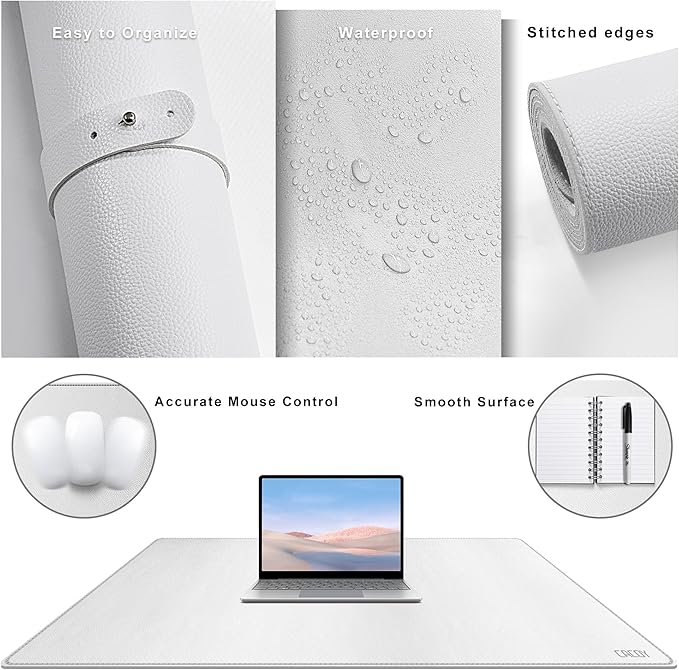 Cacoy 40" x 24" Leather Desk Pad Protector, Large Desk Mats on Top of Desks, Waterproof Computer Desk Mat XXL Keyboard Mouse Pad for Office and Home (White)