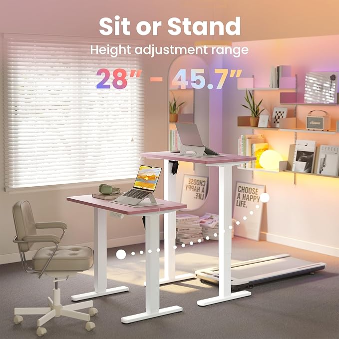 HUANUO 32" Small Electric Standing Desk Adjustable Height, 4 Memory Height Settings, Sit Stand Up Desk for Home Office & Computer Workstation, Pink