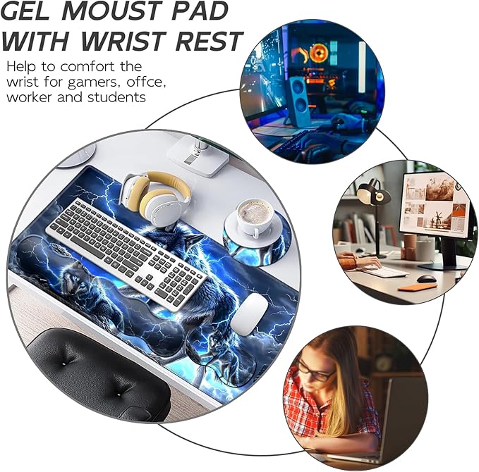 Gaming Mouse Pad Set, Majestic Blue Wolf Large Desk Mat Mousepad, Keyboard Wrist Support, Mouse Wrist Rest, Coaster 4in1 Ergonomic Memory Foam, Non-Slip Stitched Edge for Home Office