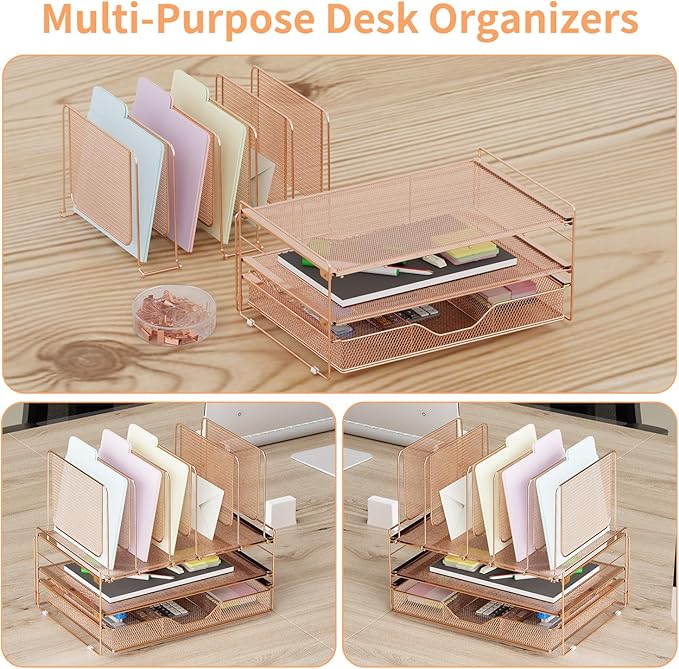 Rose Gold Desk Organizer, Office Organization with Vertical File Holder, File Organizer with Drawer and Office Supplies, Desk Accessories and Workspace Organizers (Rose Gold)