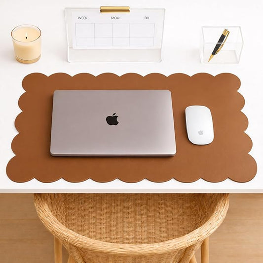 Orelle Scalloped Desk Mat | Vegan Leather Desk Mat for Keyboard and Mouse, Laptop, Makeup Vanity | Computer Desk Pad Mat | Office Desk Cover Mat | Desk Blotter Mat | 30 x 15” | Brown