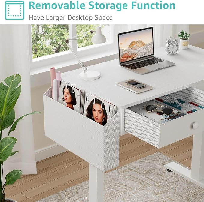 Electric Standing Desk with Drawers, 32 Inch White Small Height Adjustable Sit Stand Desk with Storage for Small Space Home Office Bedroom, Study Writing Stand up Computer Desks for Girls Work