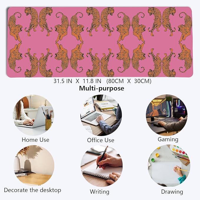 Pink Tiger Decor Desk Mat, Large Girly Cheetah Mouse Pad, Leopard Print Desk Mat for Girls Dorm Home Office Decor, Tiger Mouse Pad Desktop Decor,31.5x11.8