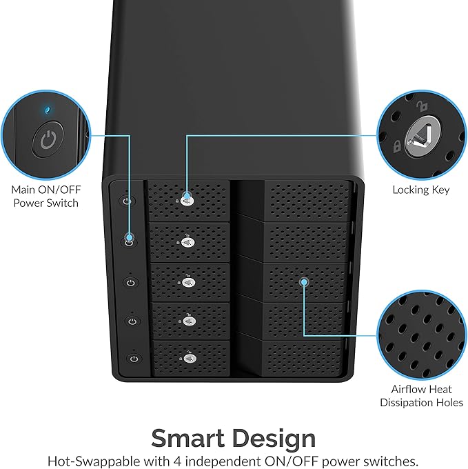 SABRENT 5-Bay USB 3.2 Gen 2 SATA Docking Station for 3.5” HDD/SSD, 10Gbps USB-C DAS, Tray-Less Hot-Swap, Aluminum Enclosure with 120mm Cooling Fan, Individual Power Switches, No RAID (DS-SC5B)