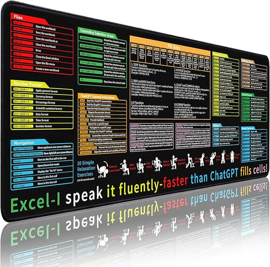 Excel Cheat Sheet Desk Pad - Large Mouse Pad - Excel Cheat Sheet Desk Mat, Non-Slip Base Mousepad Suitable for Office, Computer Games, Desk Mat and More (1, 31.5" x 11.8")