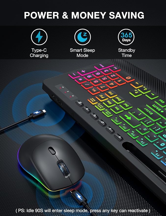 SABLUTE Wireless Keyboard and Mouse Combo, 9 Backlit Effects, Large Print, Wrist Rest, Phone Holder, 2.4G Lag-Free Ergonomic Keyboards, KM22 MAX Rechargeable Easy to See Set for Computer, Laptop, PC