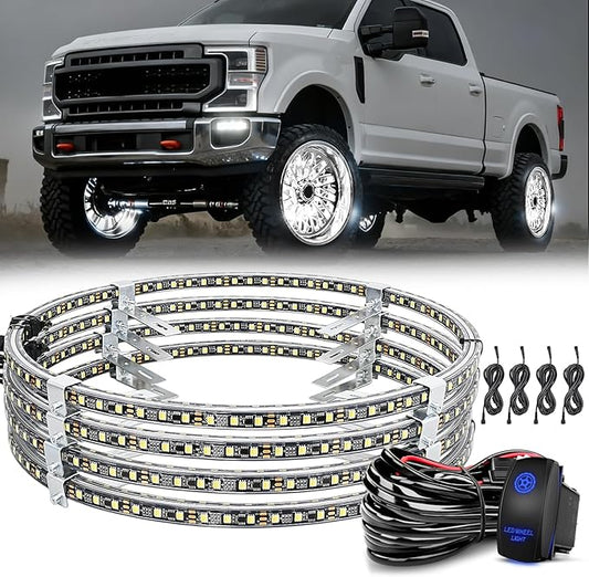 Nilight 4PCS 15.5inch Double Row LED Wheel Ring Lights Pure White with Wiring Harness Kit Rocker Switch Control Dual Row for Car Van SUV Truck