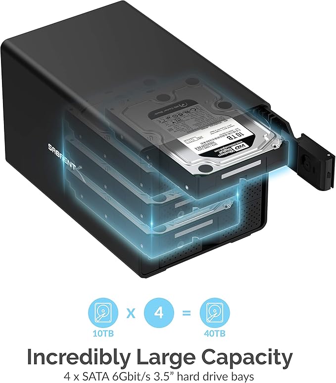 SABRENT 4-Bay USB 3.2 Gen 2 SATA Docking Station for 3.5” HDD/SSD, 10Gbps USB-C DAS, Tray-Less Hot-Swap, Aluminum Enclosure with Cooling Fan, Individual Power Switches, No RAID (DS-SC4B)