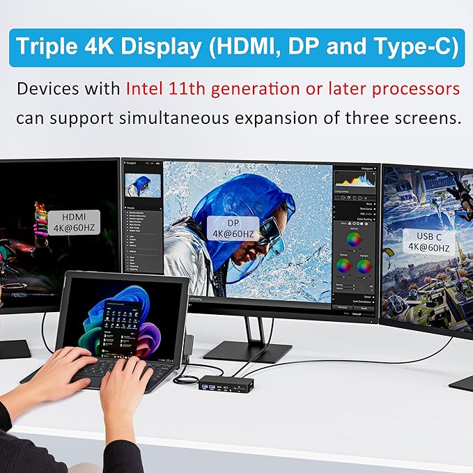 12-in-1 Surface Docking Station, 4K@60Hz Triple Display Surface Dock with HDMI, DP, USB-C, 4-Screen Support, 4 USB Ports, SD/TF, Audio for Surface Pro 11/10/9/8/7, Surface Laptop, Book, Go