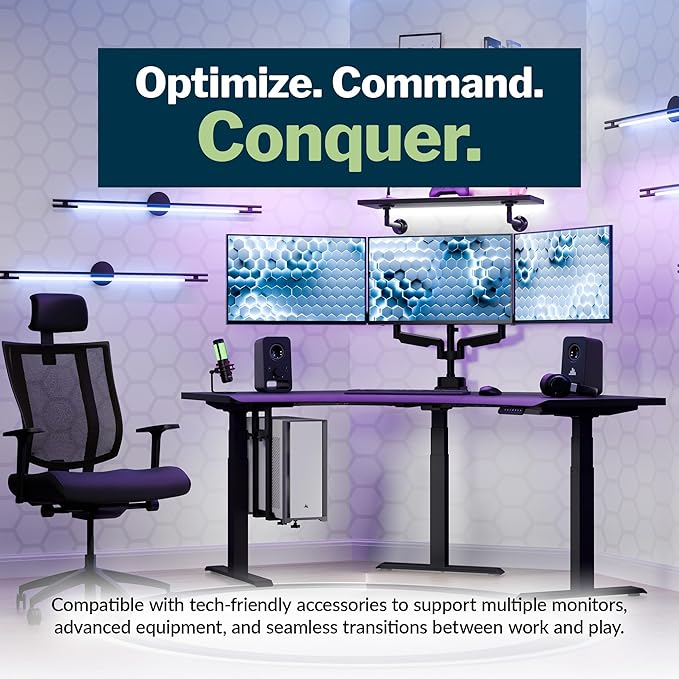 Vari Command Center Electric Standing Desk – 120° Curved Sit-Stand Gaming Desk Corner Workstation for Triple Monitors + Sloped Front Edge, 4 Height Settings, 200 lb Capacity (Black Top/Black Legs)