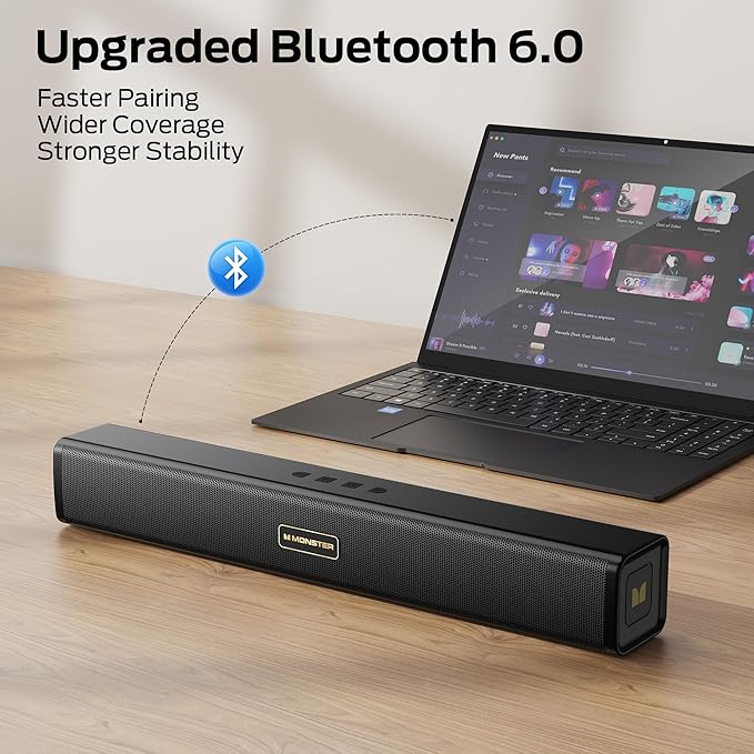 Monster S220 Computer Speakers for Desktop PC, 2.0 Channel PC Speakers with Dual Bass Diaphragm, Bluetooth 6.0 & 3.5mm Aux-in PC Soundbar, Compact Computer Sound Bar for Desktop/Laptop/Monitor/Tablet