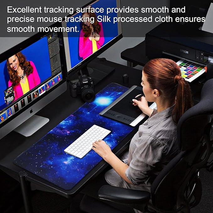 Large Gaming Mouse Pad with Stitched Edges,[27.5x11.8In] Extended Blue Space Mouse Pad with Non-Slip Natural Rubber Base for Gamer/Desktop/Office/Home 70x30 Bluespace04