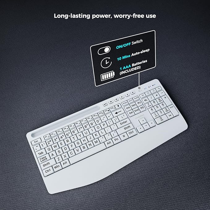 KYSONA Large Print Wireless Keyboard, Full Size Cordless Computer Keyboard with Phone Holder, Palm Rest, Ergonomic Tilt Angle, 2.4G Plug-and-Play, Compatible with Tablet/Windows/Laptop/PC, White