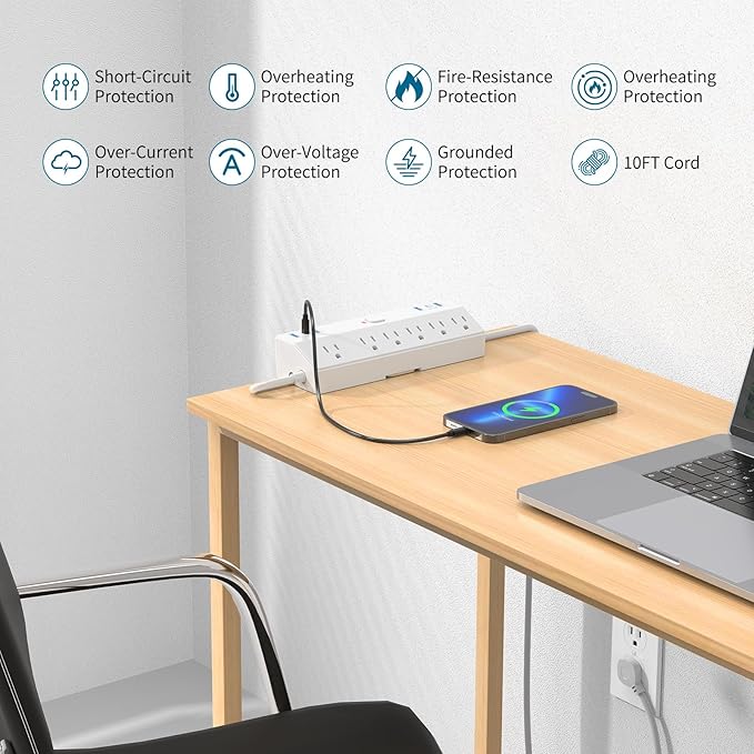 40W Fast Charging Station, Desk Clamp Power Strip 10FT Extension Cord, JXGUCAT Removable Desk Mount Flat Plug Power Strip Surge Protector, 2 USB-C Ports, 6 Outlets, Fits 1.8" Tabletop Edge