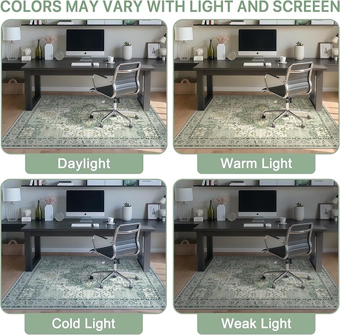 48"x60" Office Chair Mat for Hardwood Tile Floor, Under Desk Carpet Protector for Rolling Computer Chair Mat, Machine Washable Area Rug, Anti-Slip 1/5" Thick Low Pile Thin Vinyl Floor Mat, Green