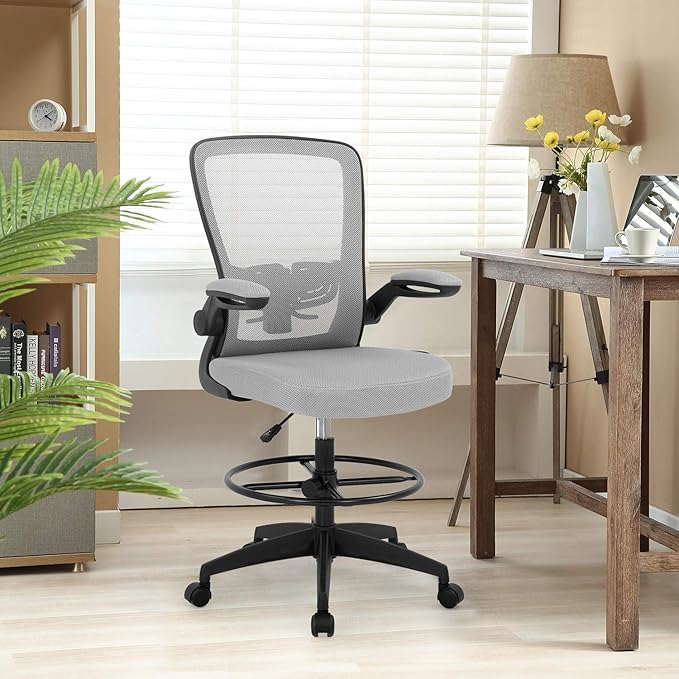 BestOffice Drafting Chair Tall Office Chair Standing Desk Chair with Lumbar Support Height Adjustable Armrest Footrest Mid Back Swivel Rolling Mesh Computer Chair Drafting Stool Grey