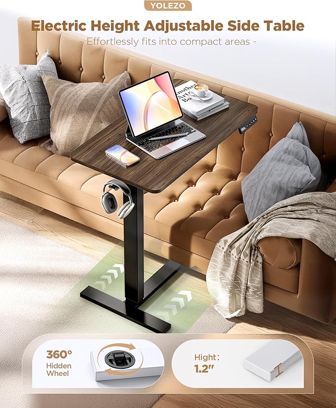 Overbed Bedside Table with Wheels, Electric Standing Desk Adjustable Height, Small Computer Desk for Home Office, Rolling Laptop Desk for Bed, Sofa, or Hospital Use (24"x16",Dark Walnut)