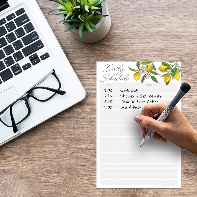Dry Erase Daily Schedule Planner Sticker Decal by Glassboard Studio | Removable & Reusable | Magnetic Fine-Tip Marker Included (6 x 9 inches, Lemon Fresh)